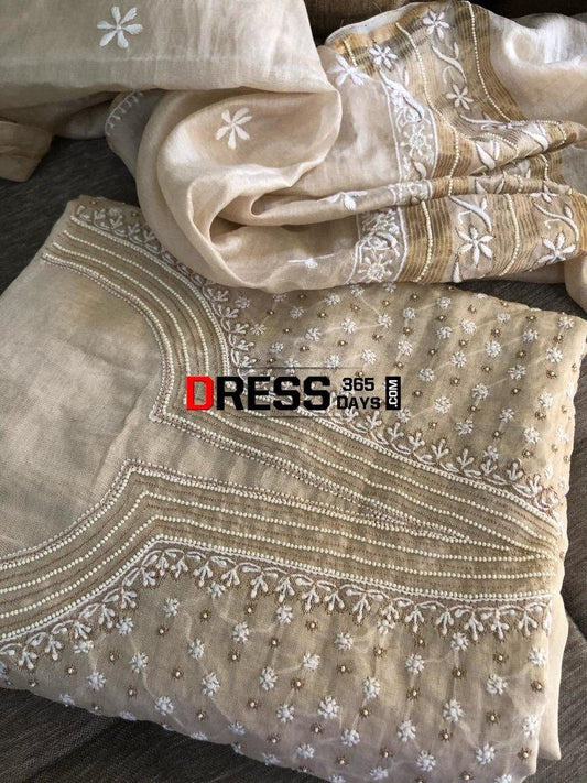 Tissue Chanderi Chikankari Suit With Beads Work Suits