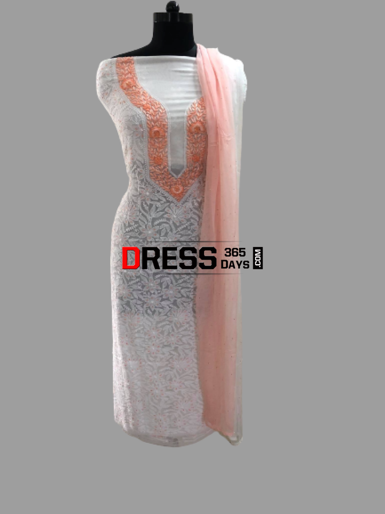 White And Peach Georgette Chikankari Suit Suits