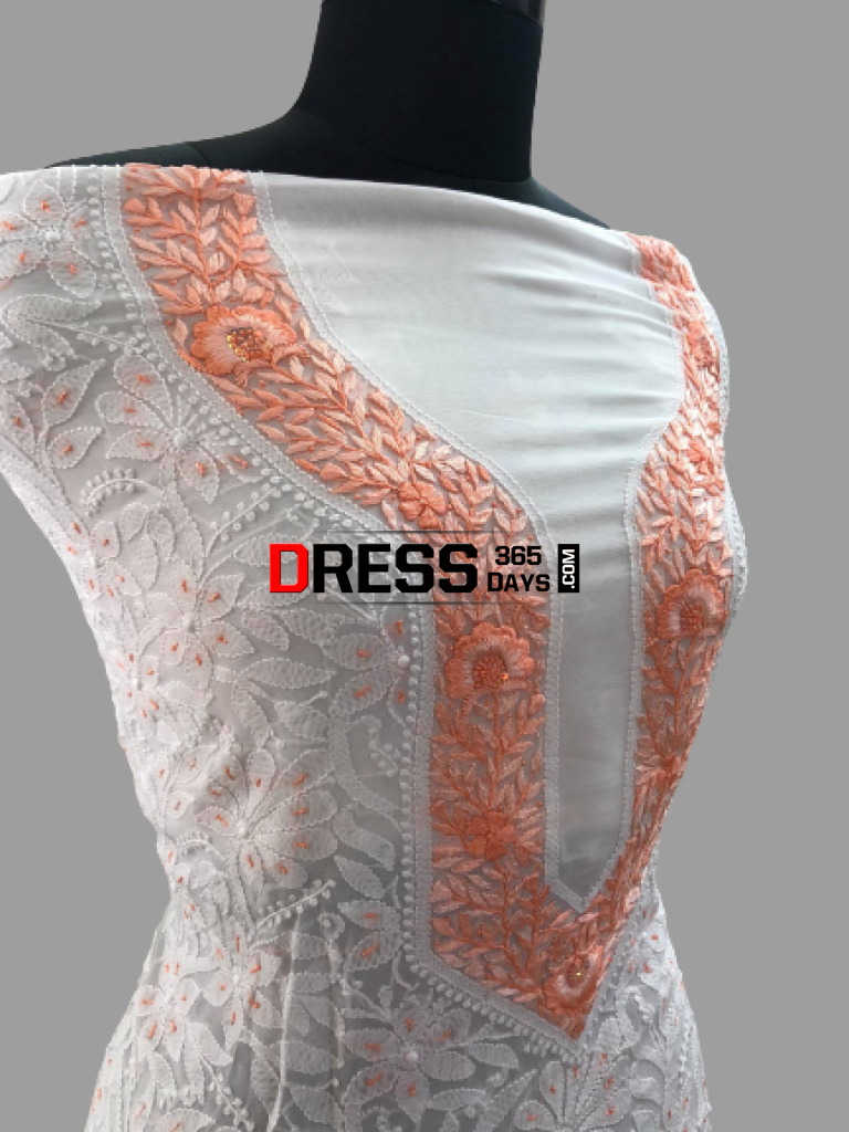 White And Peach Georgette Chikankari Suit Suits