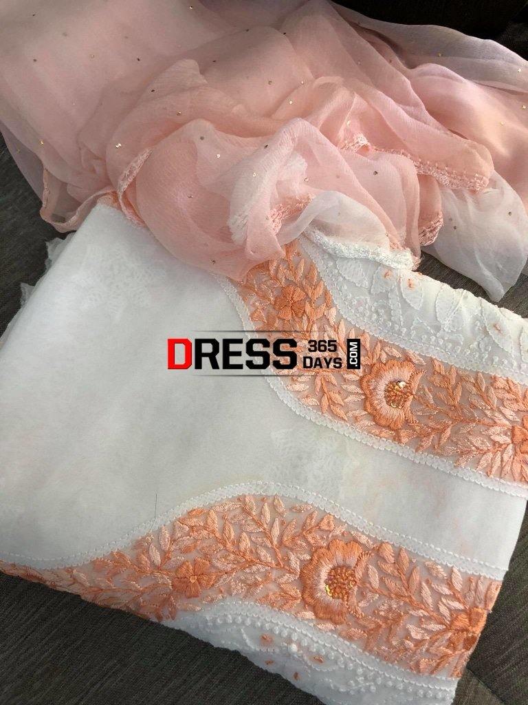 White And Peach Georgette Chikankari Suit Suits