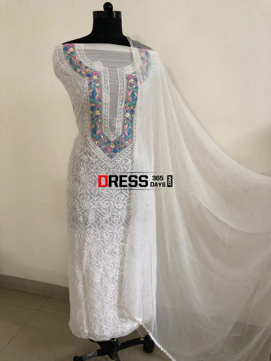 White Chikankari Parsi Hand Embroidered Neckline Suit Suits