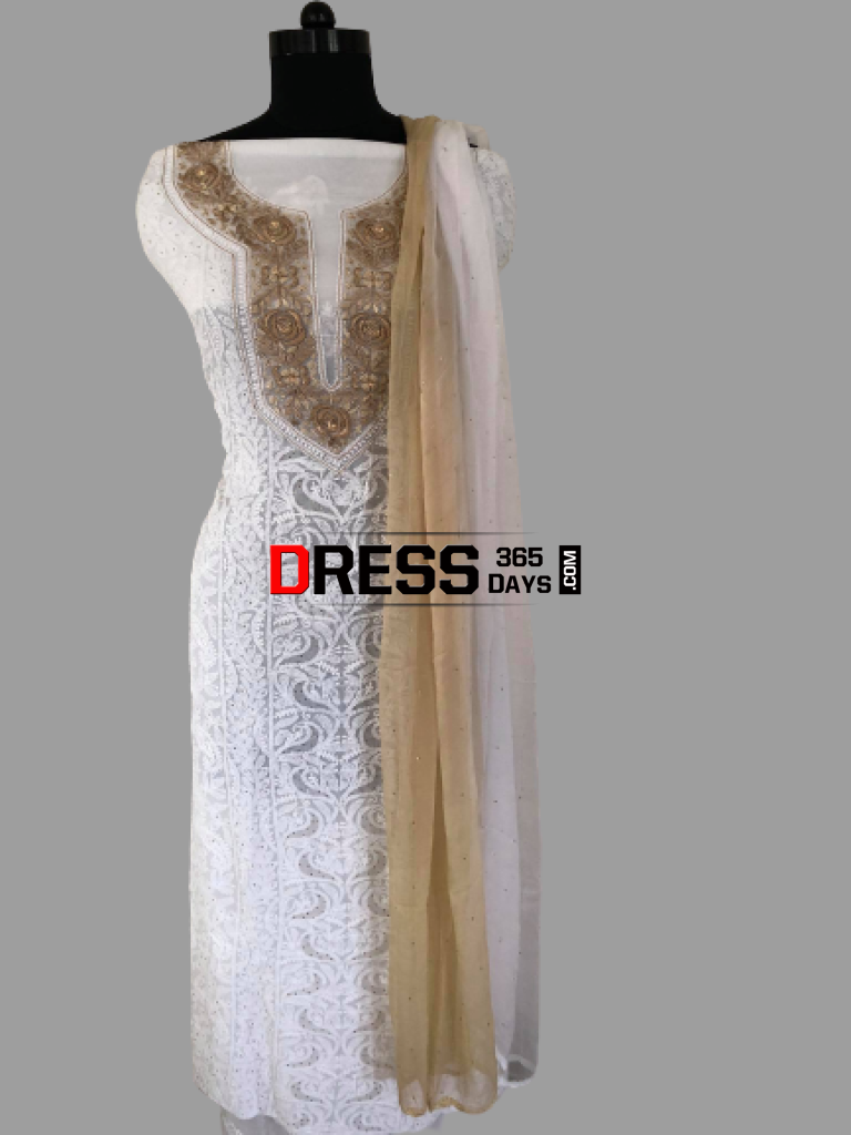 White Embroidered Neckline Three Piece Suit Chikankari Suits