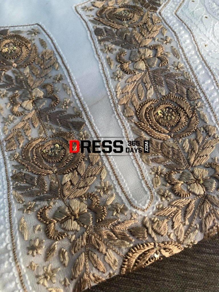 White Embroidered Neckline Three Piece Suit Chikankari Suits