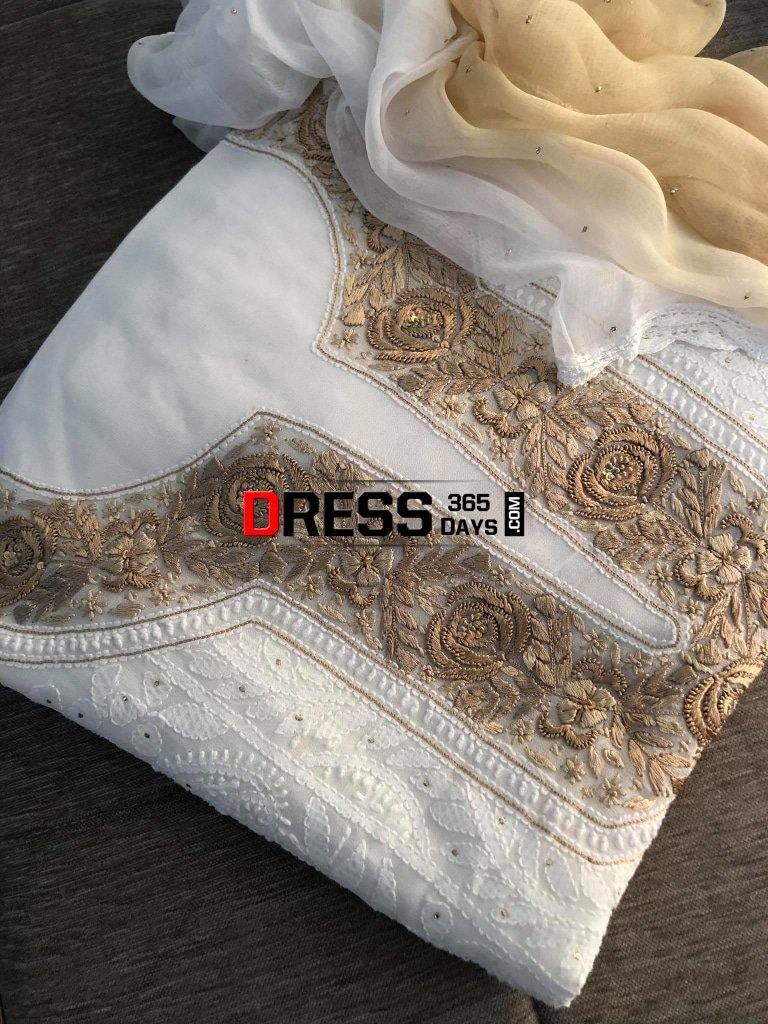 White Embroidered Neckline Three Piece Suit Chikankari Suits