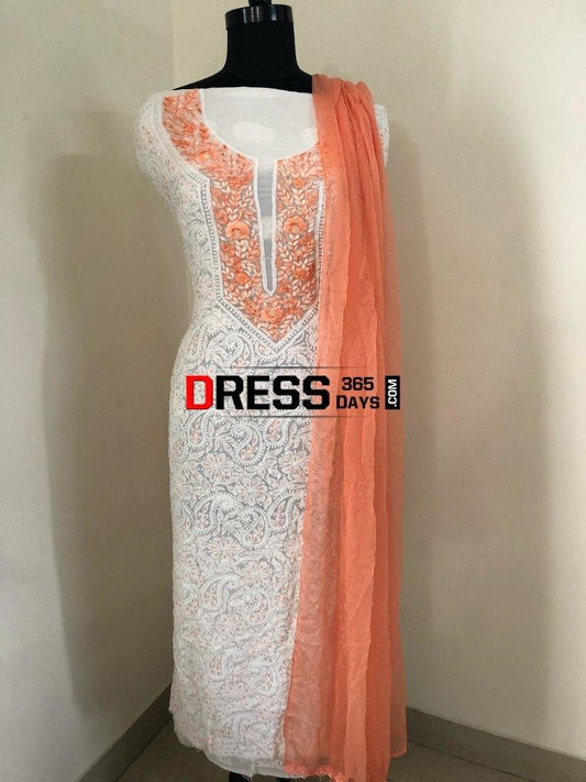 White Peach Parsi Gara Chikankari Suit Suits