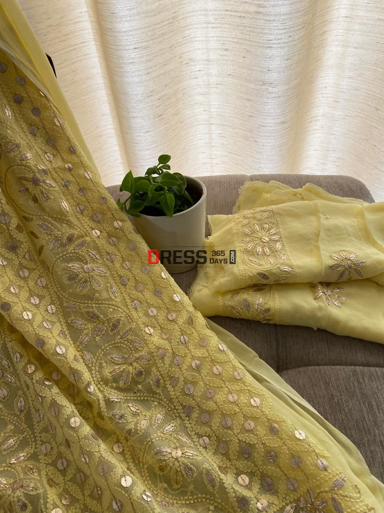 Yellow Chikankari Gota Patti Kurta Dupatta Set Suits