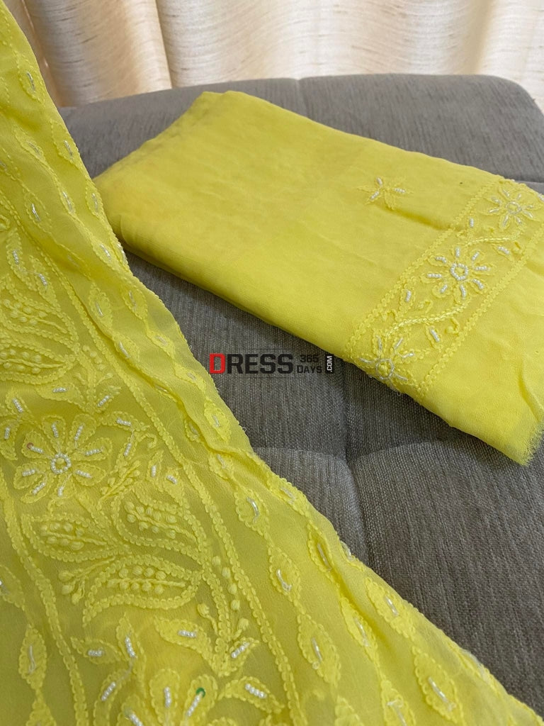 Yellow Chikankari Pearl Kurta Dupatta Set Suits