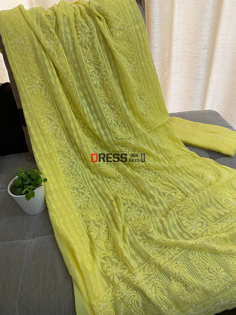 Yellow Chikankari Pearl Kurta Dupatta Set Suits