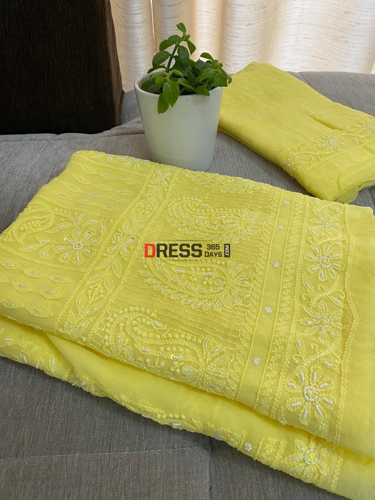 Yellow Chikankari Pearl Kurta Dupatta Set Suits