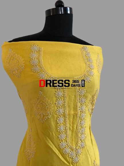 Yellow Fine Chanderi Chikankari Mukaish Work Suit (Kurta and Dupatta)