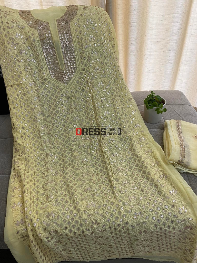 Yellow Gota Patti Neckline Chikankari Kurta Dupatta Suits