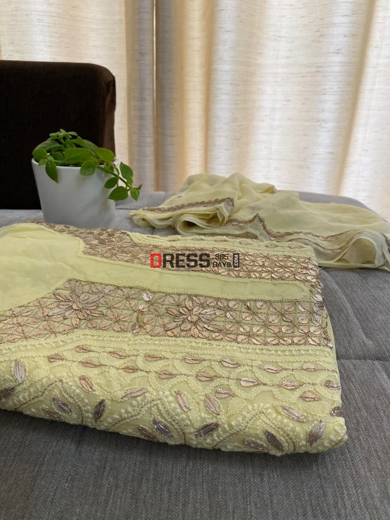 Yellow Gota Patti Neckline Chikankari Kurta Dupatta Suits