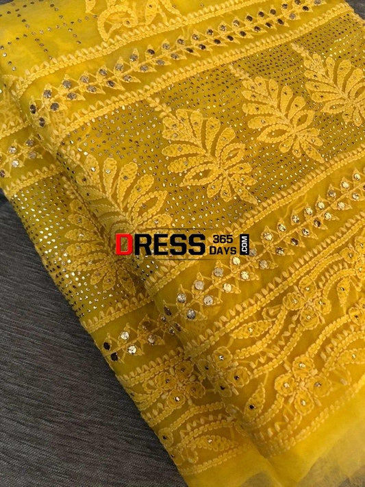 Yellow Lucknow Chikankari Suit With Mukaish Suits