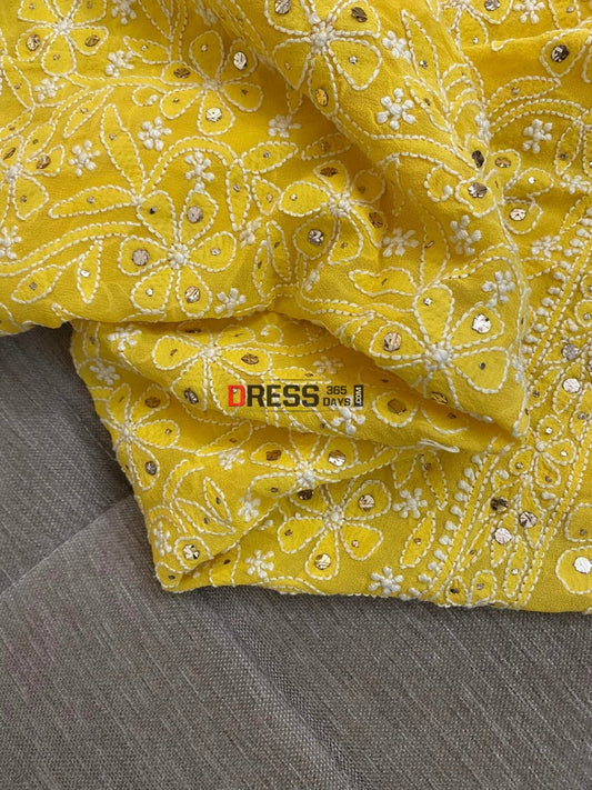 Yellow Mukaish Chikankari Kurti Fabric (Only Kurti)