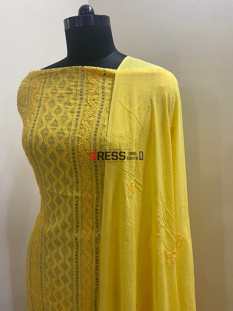 Yellow Mukaish Lucknowi Chikankari Suit Suits