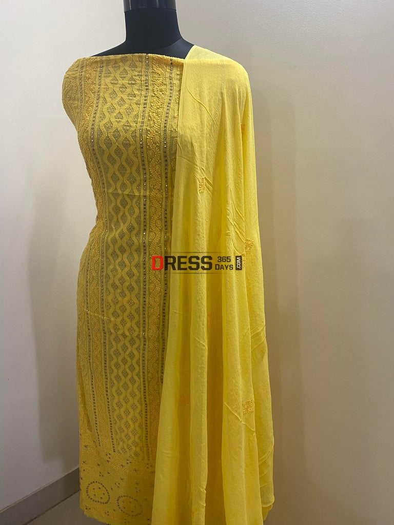 Yellow Mukaish Lucknowi Chikankari Suit Suits