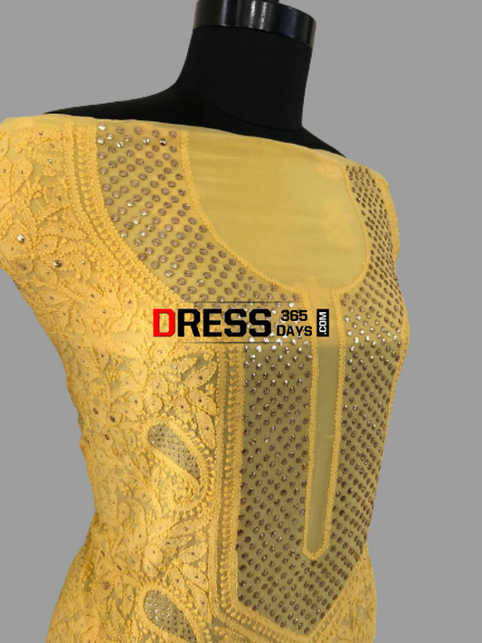 Yellow Mukaish Neckline Chikankari Suit (Three Piece) Suits