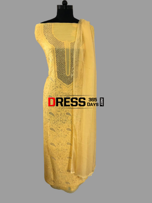 Yellow Mukaish Neckline Chikankari Suit (Three Piece) Suits