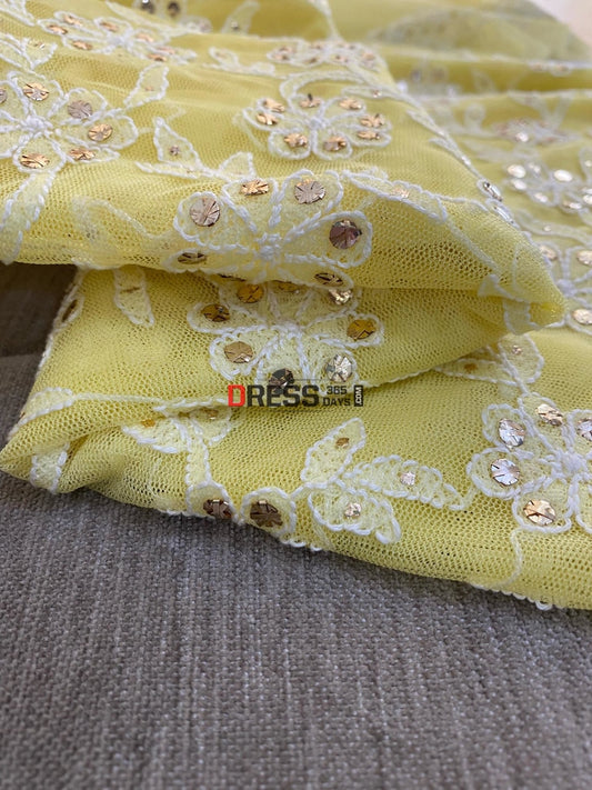 Yellow Net Chikankari Mukaish Suit Suits