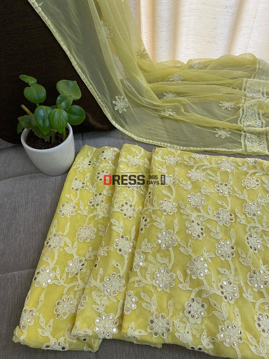 Yellow Net Chikankari Mukaish Suit Suits