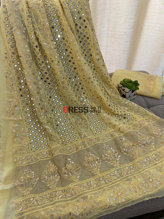 Yellowish Beige Mirror & Gota Patti Lucknowi Chikankari Suit Suits